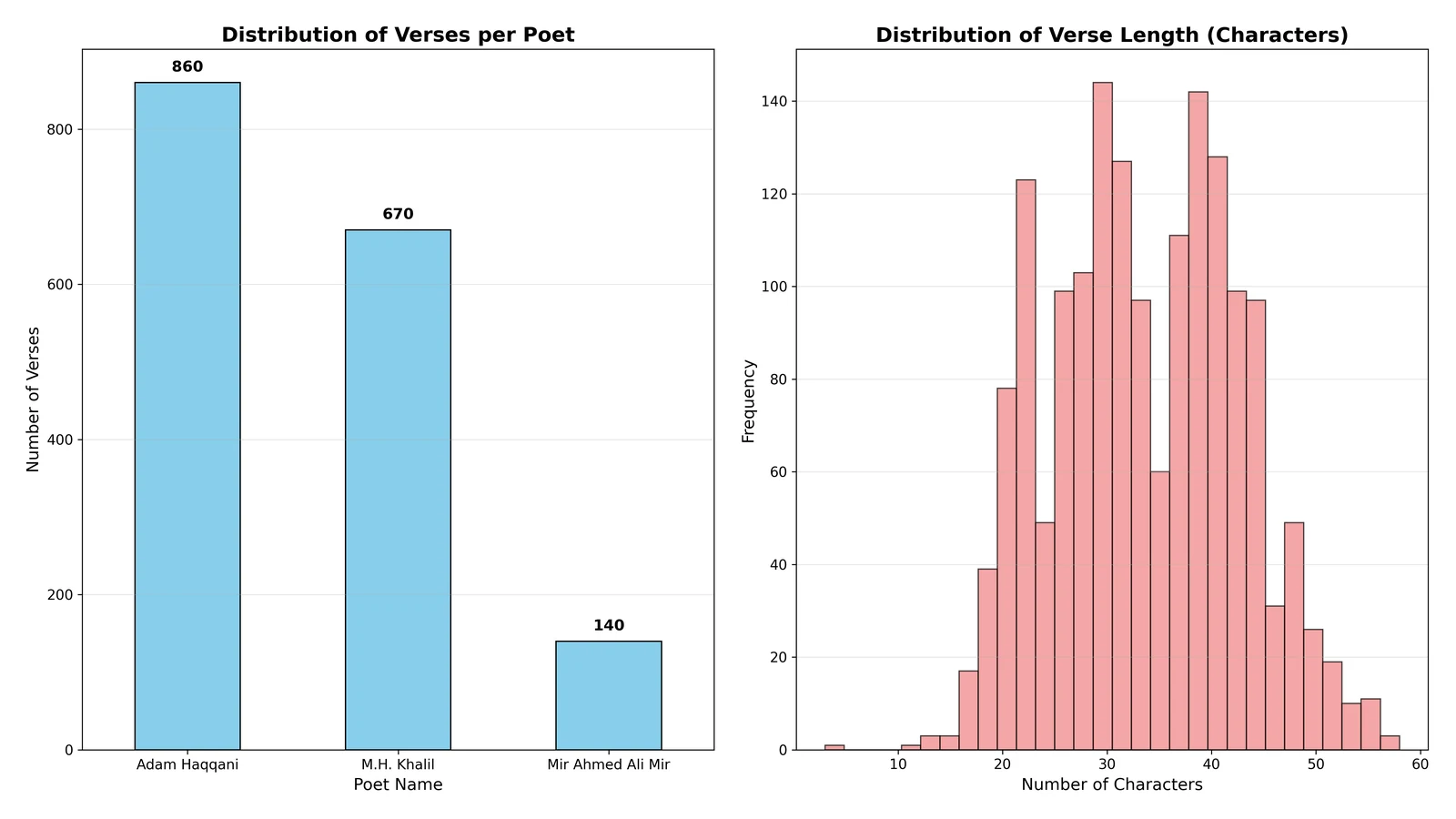Bar chart of verses per poet and a histogram of verse length, from the real 1,670-verse Balochi corpus.