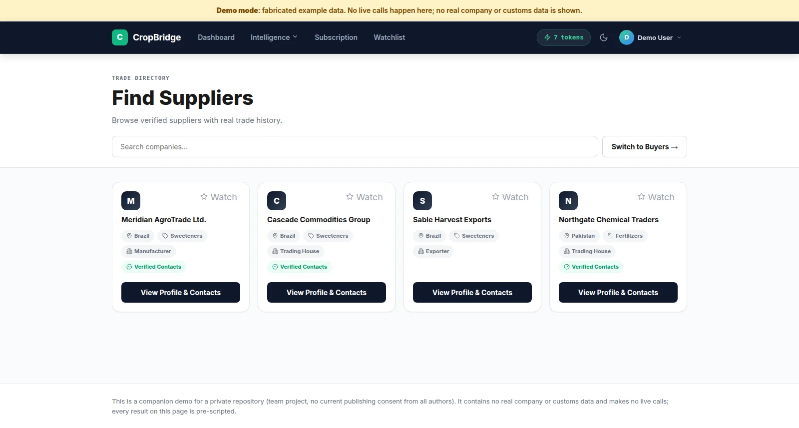 The CropBridge demo's Trade Directory, showing four made-up supplier companies.