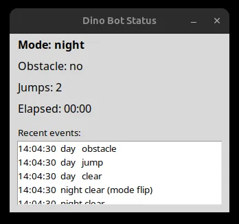 The real status dashboard for the Dino Game Bot, showing a demo event sequence.