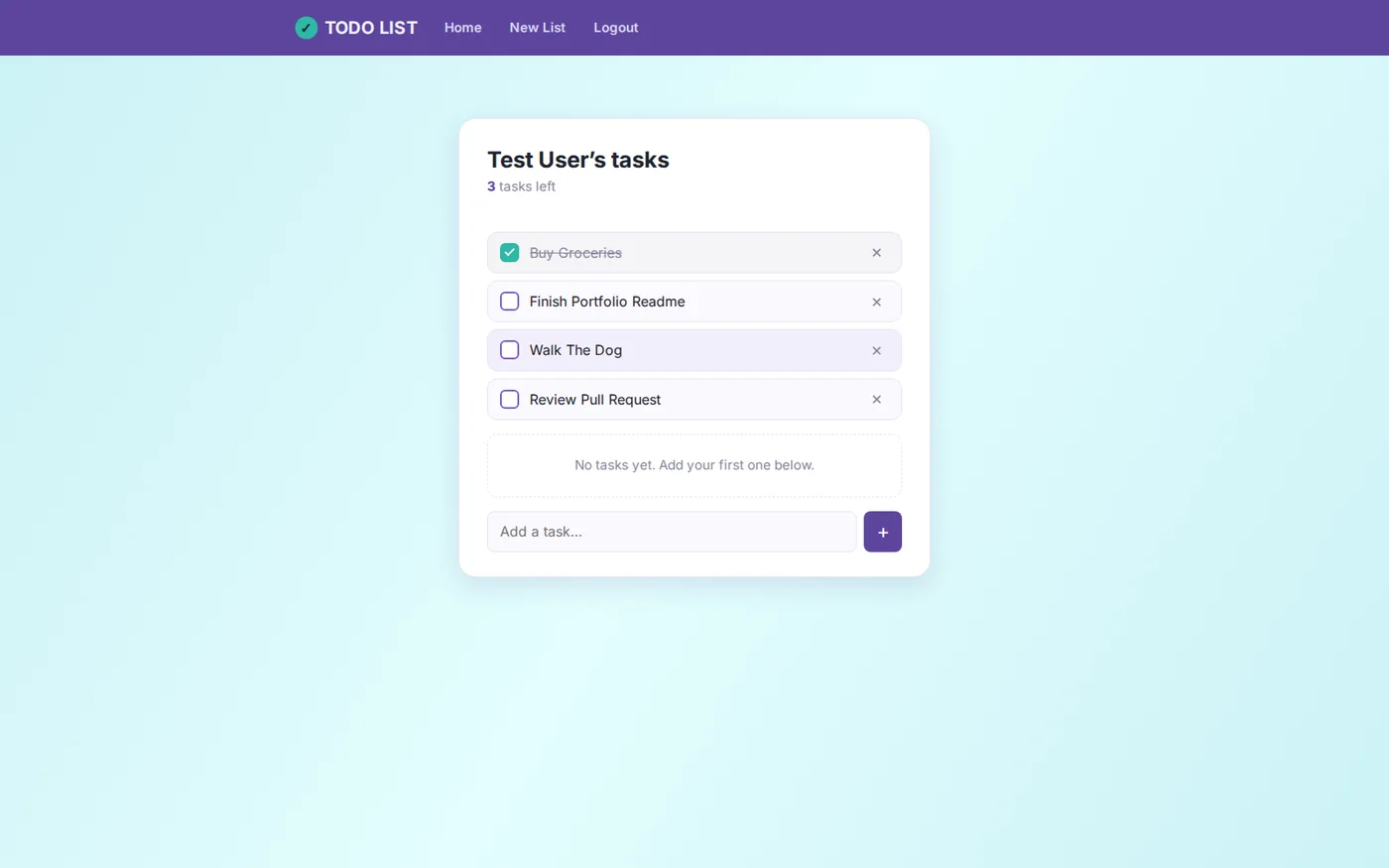 The real Flask TODO List app, showing a live-created account and tasks.