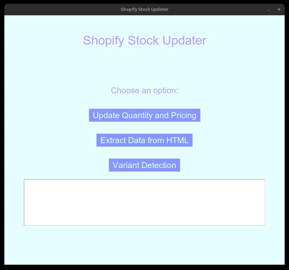 The real Tkinter Shopify Stock Updater desktop tool.