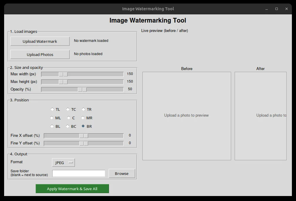 The real Image Watermarking Tool, showing its main window.