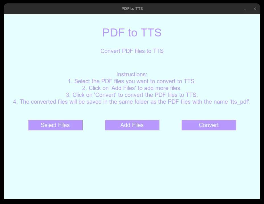 The real PDF to Audiobook desktop tool, showing its main window.