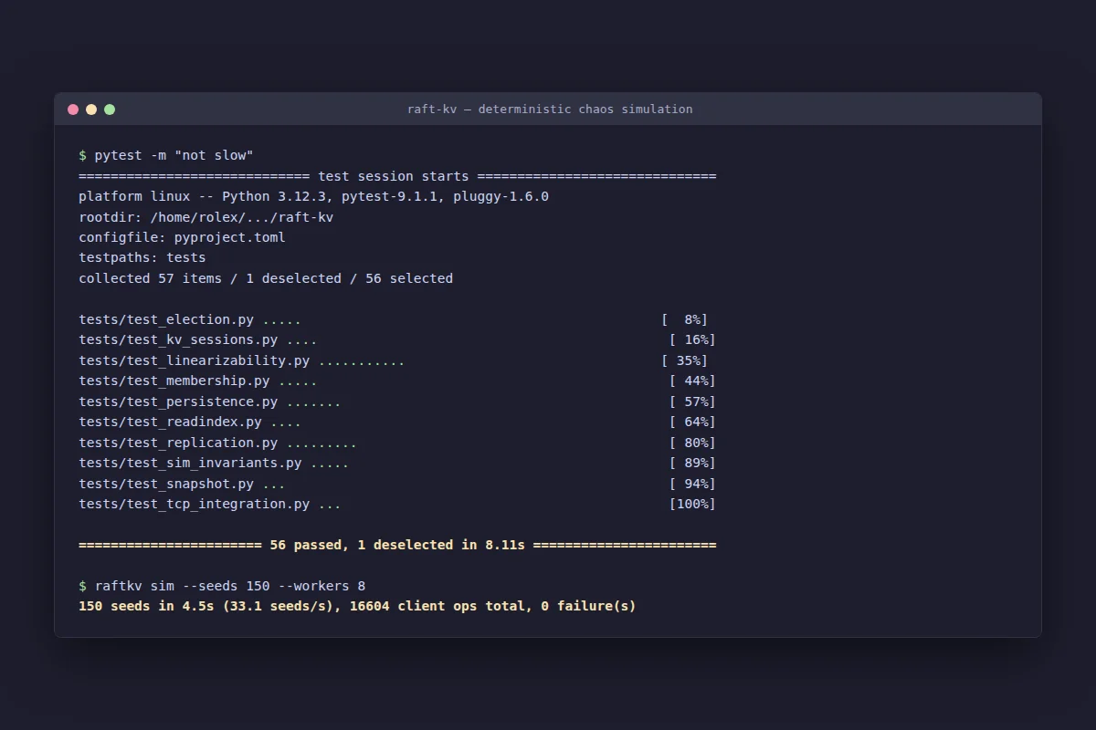 Terminal output from a real pytest run and a 150-seed chaos simulation of raft-kv, all passing with zero linearizability violations.