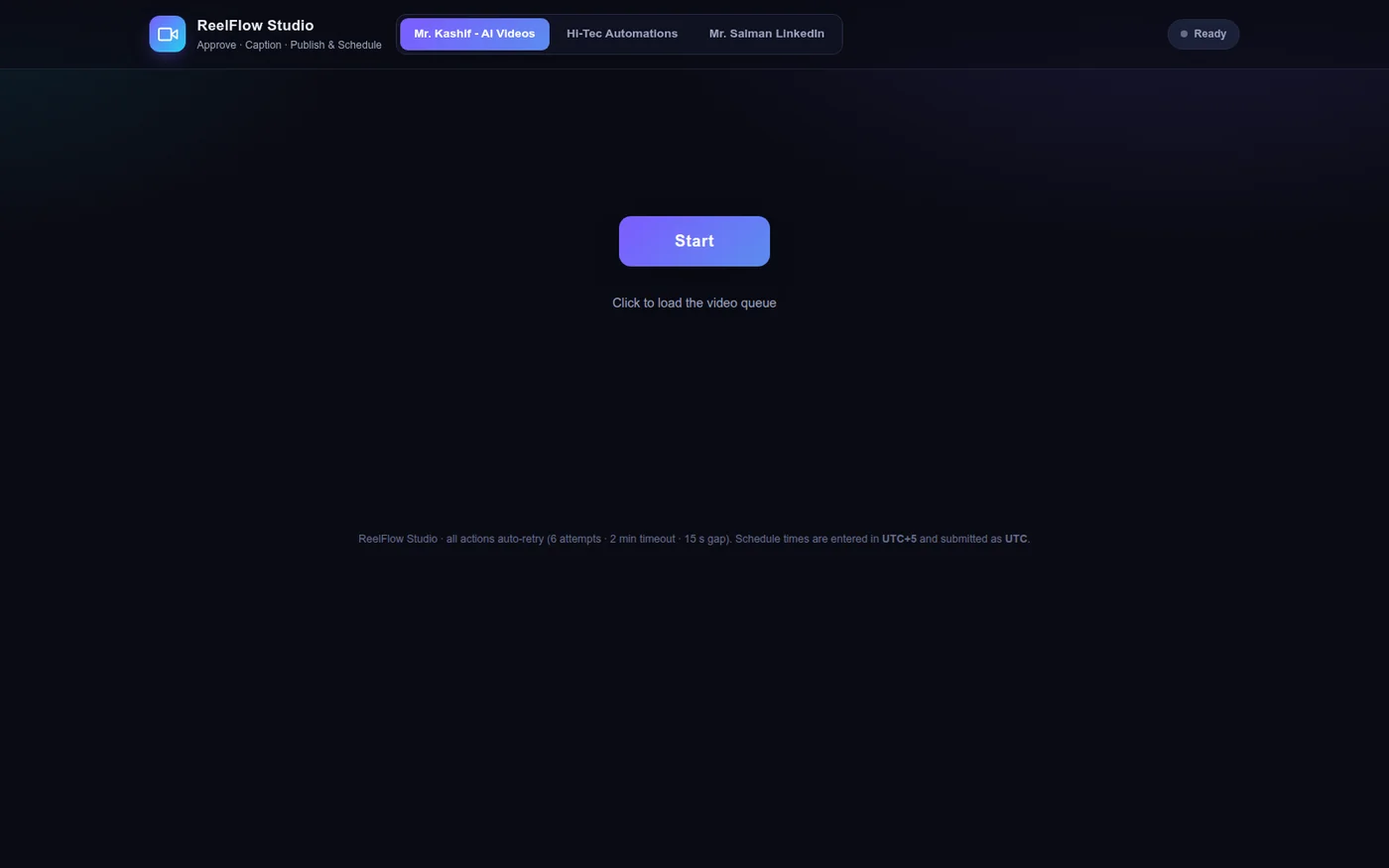 The real ReelFlow Studio UI shell, running locally.