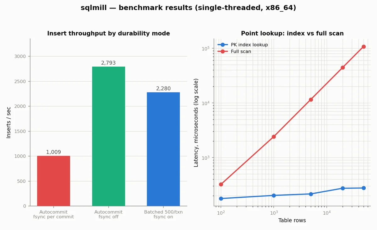 Benchmark charts: sqlmill's insert throughput by durability mode, and point-lookup vs full-scan latency by row count.
