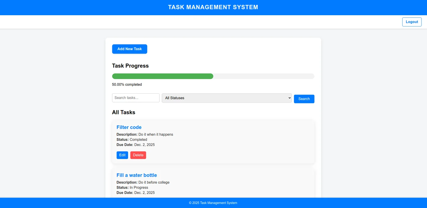 The real Task Manager homepage: task list, progress bar, and search, running locally.