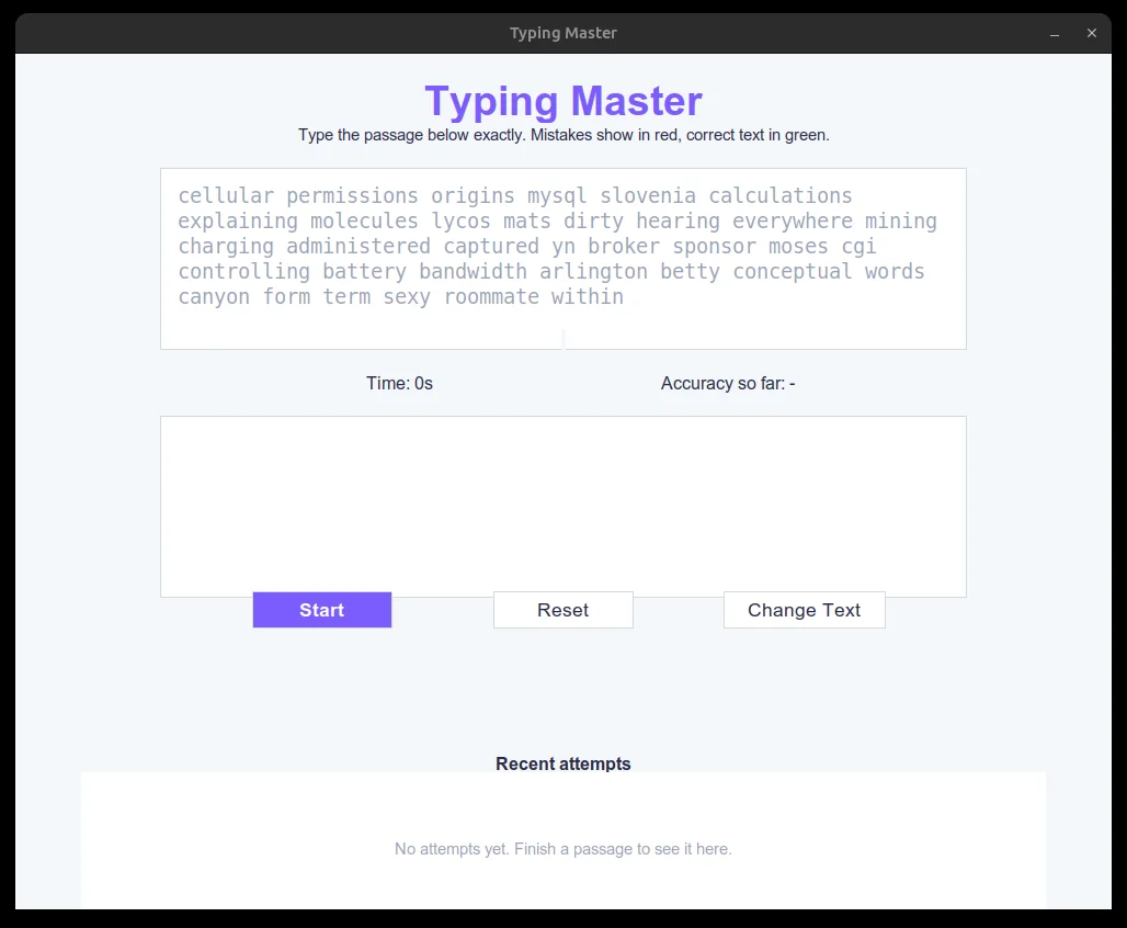 The real Typing Master GUI, showing a generated practice passage.