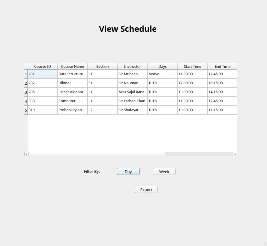 The real PyQt6 schedule screen, populated with a demo student's actual enrolled courses.
