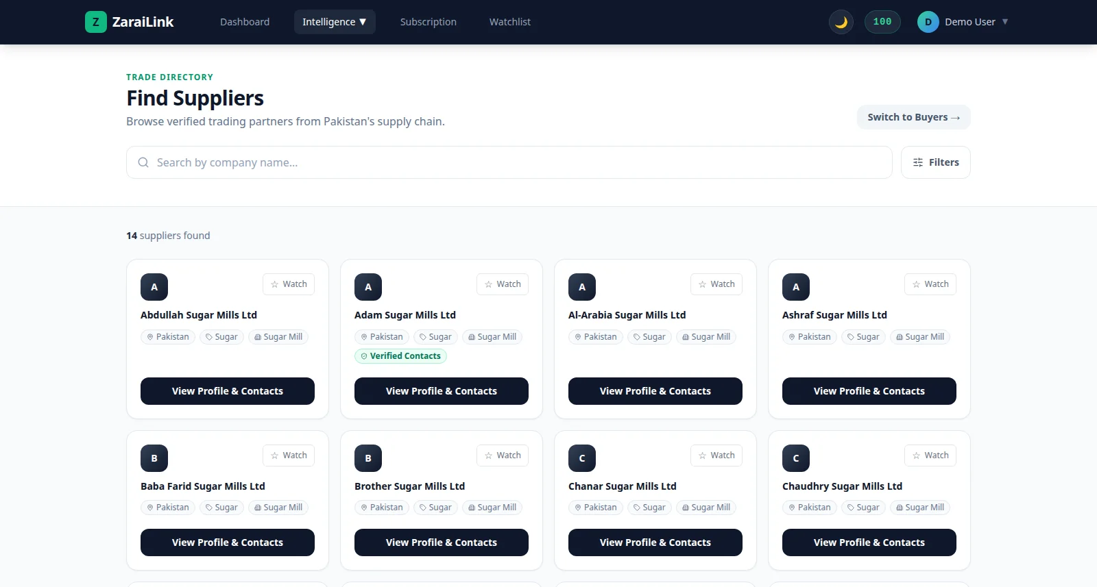 The real ZaraiLink Trade Directory, showing a live supplier search against the seeded database.